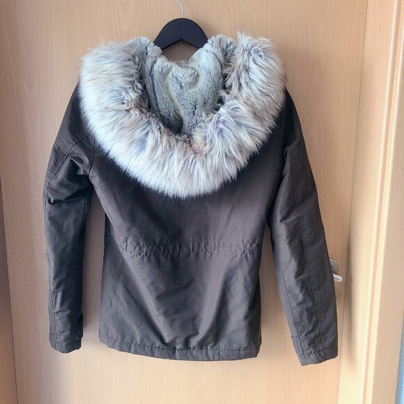TopShop Jaxson Olive Green Faux Fur Hooded Lined Anorak Peacoat Jacket US Size 2 - Picture 14 of 16